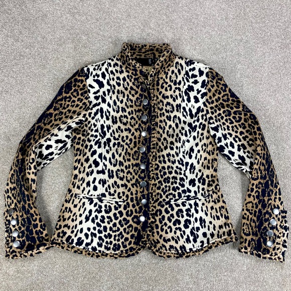 Peck & Peck Weekend Jackets & Blazers - Peck & Peck Leopard Print Blazer Women Sz 10 Tan Black Ruffle Trim Edgy Mob Wife
